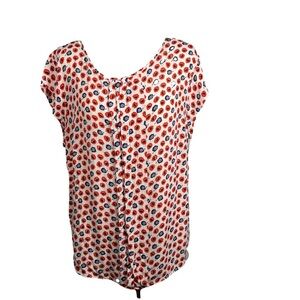 Boden Top blouse Keyhole Ruffle Pleated Front Floral Red White Blue Size 16